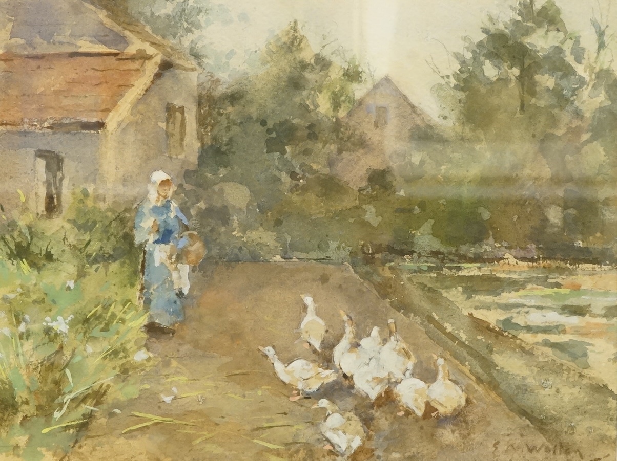 E.A. W…, Feeding the ducks, indistinctly signed lower right, watercolour, 20 x 27cm
